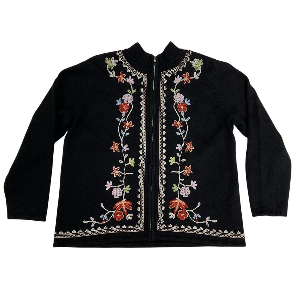 Dressbarn Women's 18/20 Long Sleeve Floral Embroidered Cardigan Sweater Full Zip